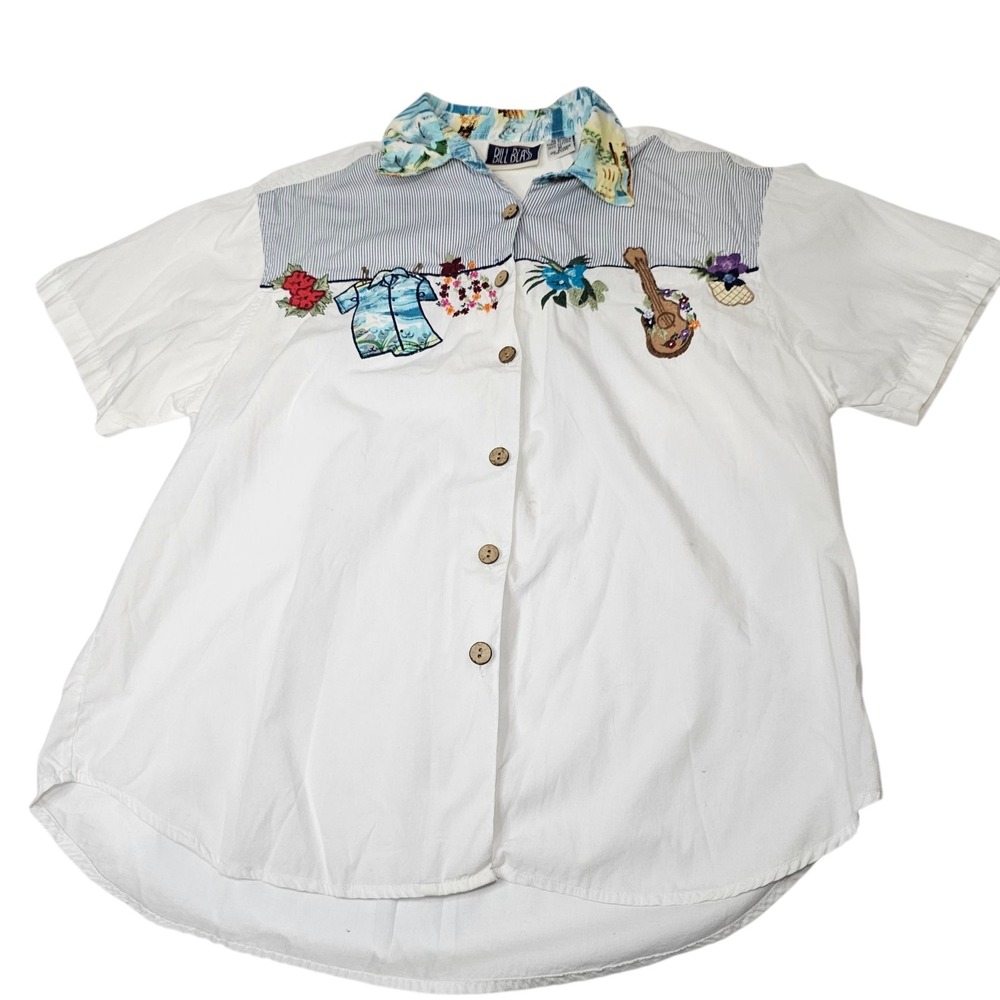 Vintage Bill Blass Shirt Women's Sz M Embroidered Button Up  White Art To Wear - Picture 2 of 14